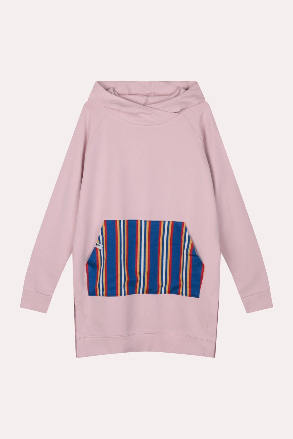 Verlängerter rosa Damen-Hoodie mit gestreifter Kängurutasche