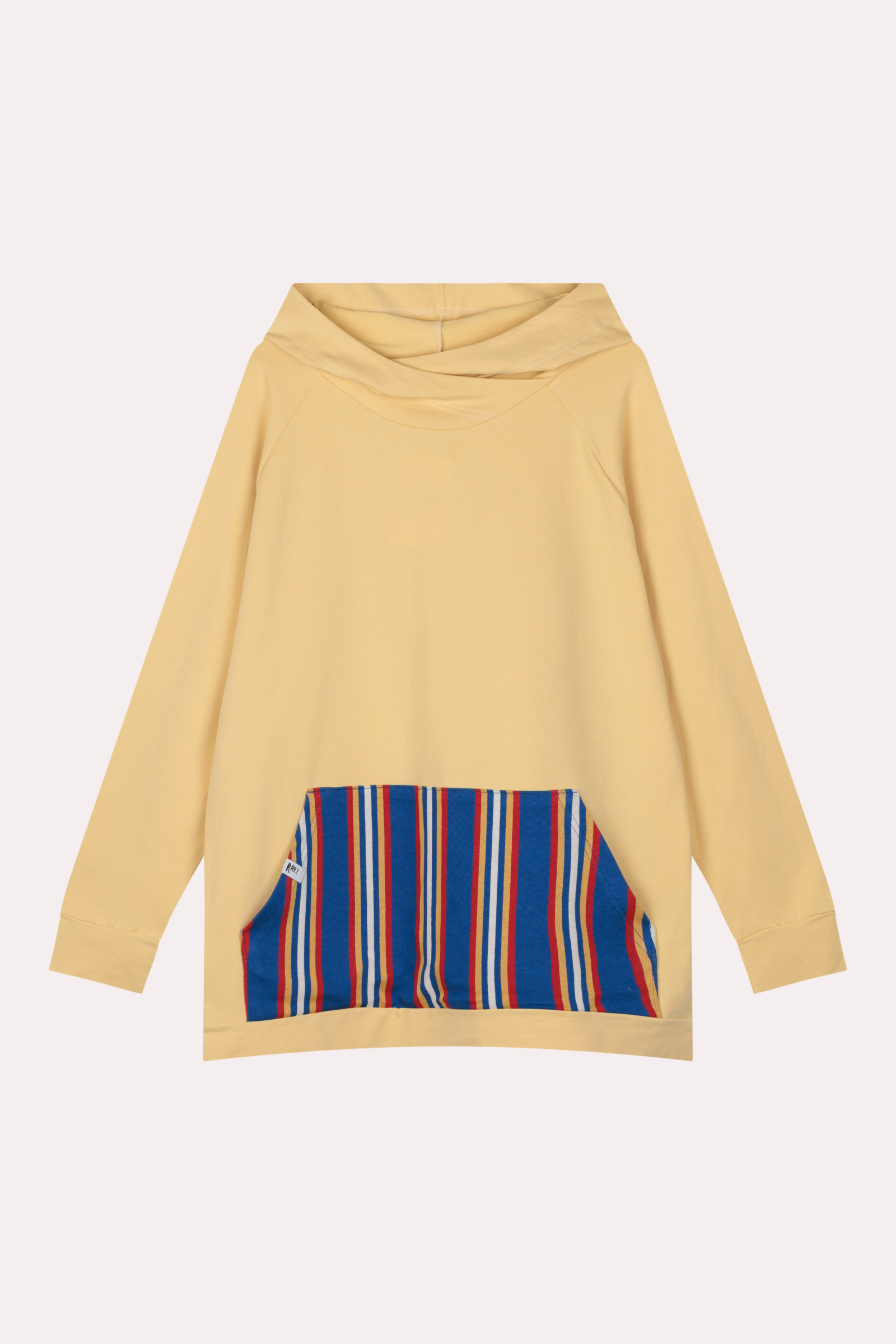 Verlängerter gelber Damen-Hoodie mit gestreifter Kängurutasche
