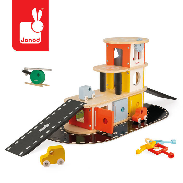 Janod – Holzgarage mit 4 Zubehörteilen. Bolide 2+