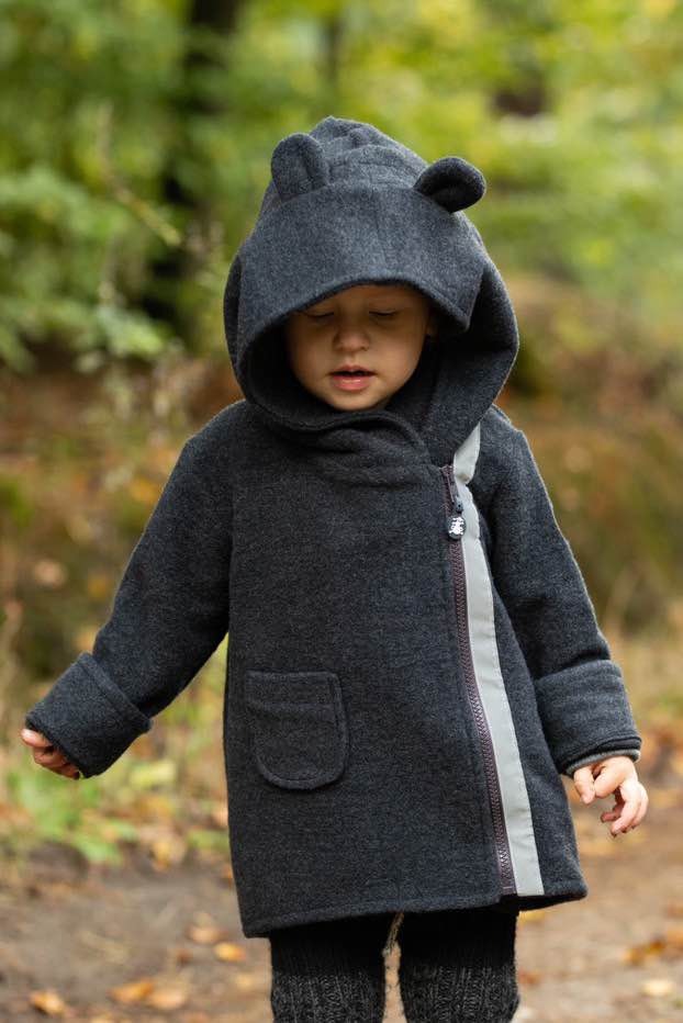 Kinderjacke 100% Merinowolle mit abnehmbarem Patent, Grauer Bär